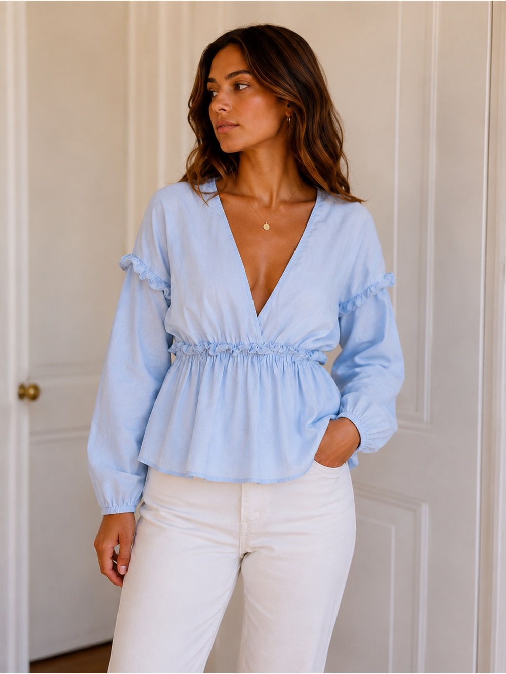 Zara Linen Blend Ruffle Peplum Blouse Blue Romantic Coastal Top M
